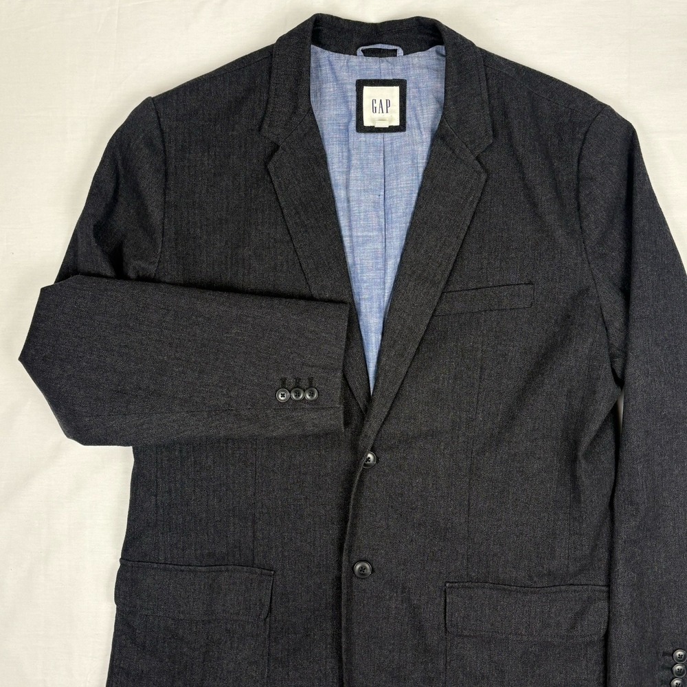 Gap Sport Coat XL Charcoal Herringbone 3-Button Patch Pocket Chambray Lined